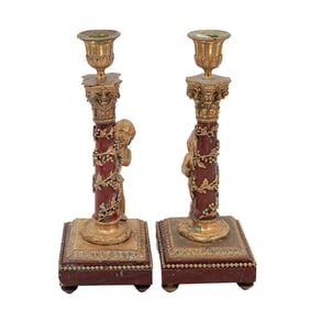 Antique French Gilt Bronze and Rouge Marble Candlesticks