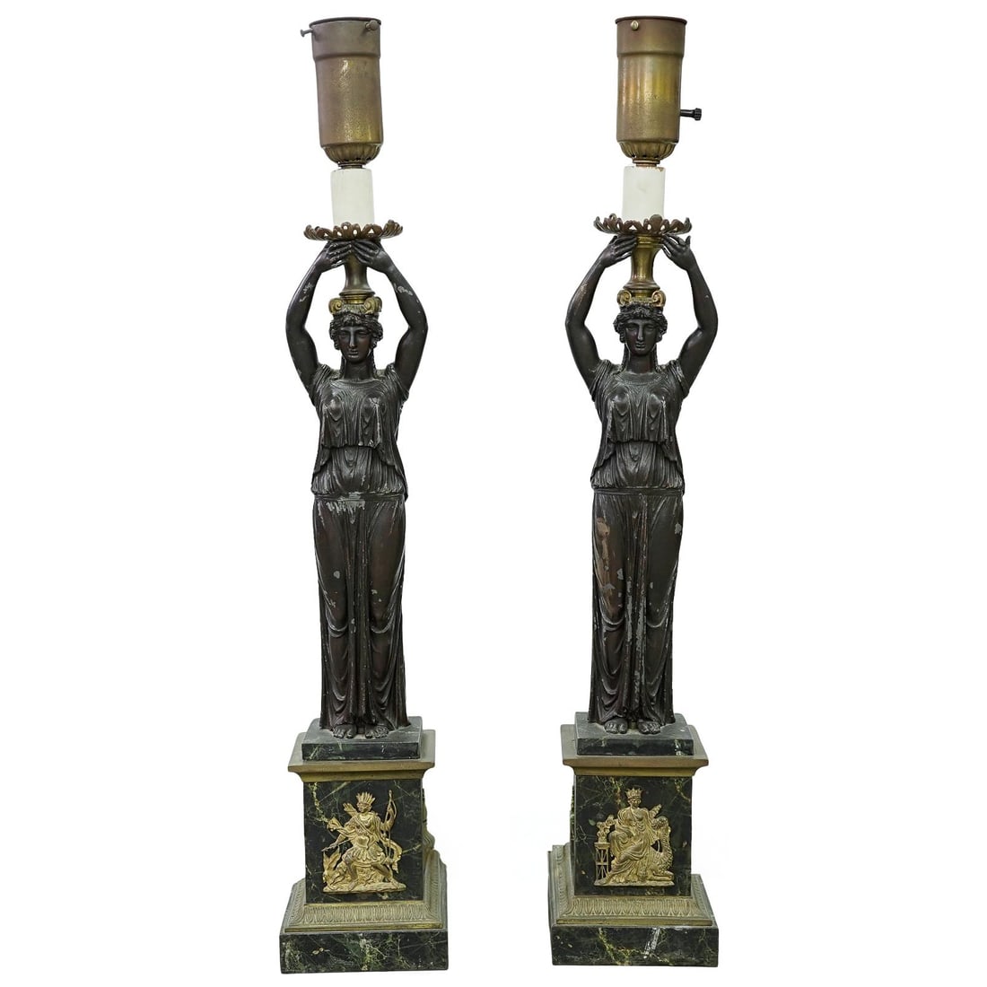 Antique French Empire Style Bronze & Marble Lamps: Antique French Empire Style Bronze & Marble Lamps Early 20th century, French A pair of French Empire-style patinated white metal and marble lamps. Feature a white metal sculpted central figure with
