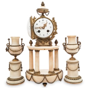 (3 pcs) Antique E. Dreyfous Ormolu Bronze & Alabaster Garniture Set