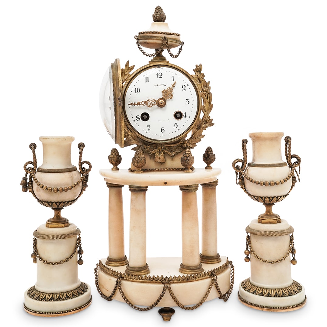 (3 pcs) Antique E. Dreyfous Ormolu Bronze & Alabaster Garniture Set: (3 pcs) Antique E. Dreyfous Ormolu Bronze & Alabaster Garniture Set Late 19th-early 20th century, French An antique Edouard Henry Dreyfous ormolu bronze and alabaster Louis XVI style garniture set.