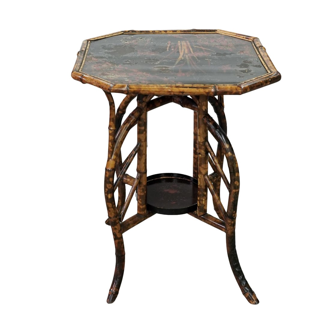 Antique English Chinoiserie Bamboo Side Table: Antique English Chinoiserie Bamboo Side Table Late 19th-early 20th century, English An antique English side table featuring "scorched" or faux tortoise-shell bamboo frame and legs with a Chinoiserie