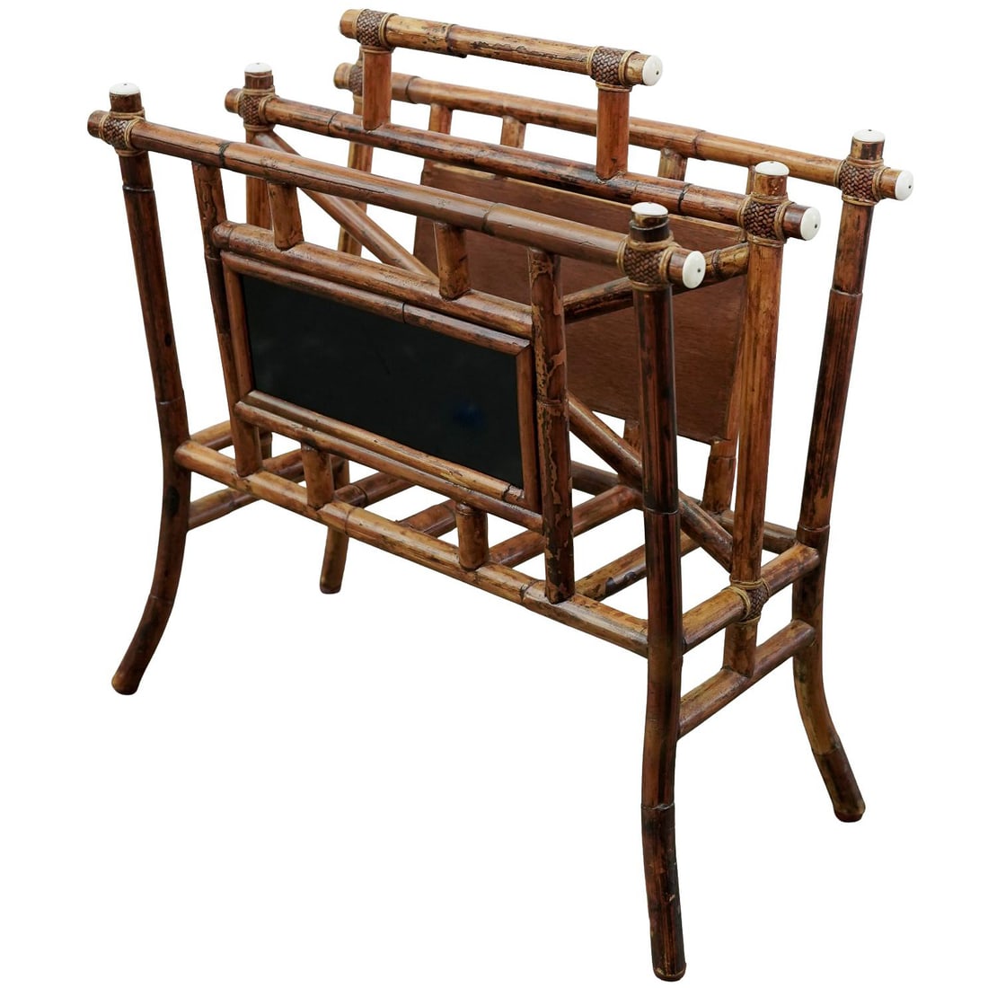 English Chinoiserie Bamboo Magazine Rack: English Chinoiserie Bamboo Magazine Rack English chinoiserie bamboo magazine rack with lacquered panels. H 21" L 21 1/2" W 12 1/8"