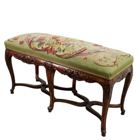 French Louis XV Style Walnut Bench w/ Floral Needlepoint Upholstery