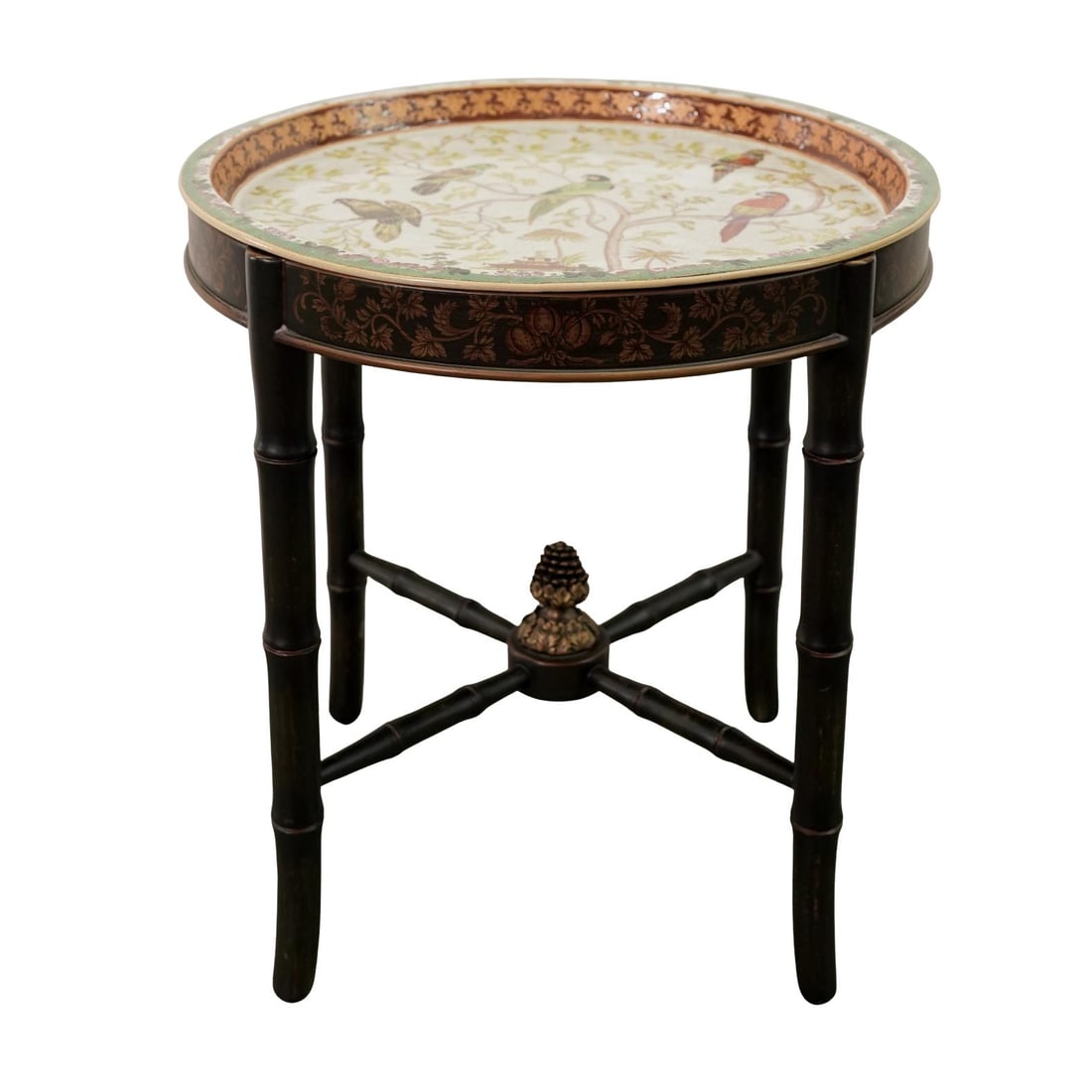Castilian Imports Chinoiserie Porcelain Tray Table: Castilian Imports Chinoiserie Porcelain Tray Table 20th century, Continental This is a Castilian Imports Chinoiserie lacquered tray table with a faux bamboo wooden stand. Features a porcelain tray
