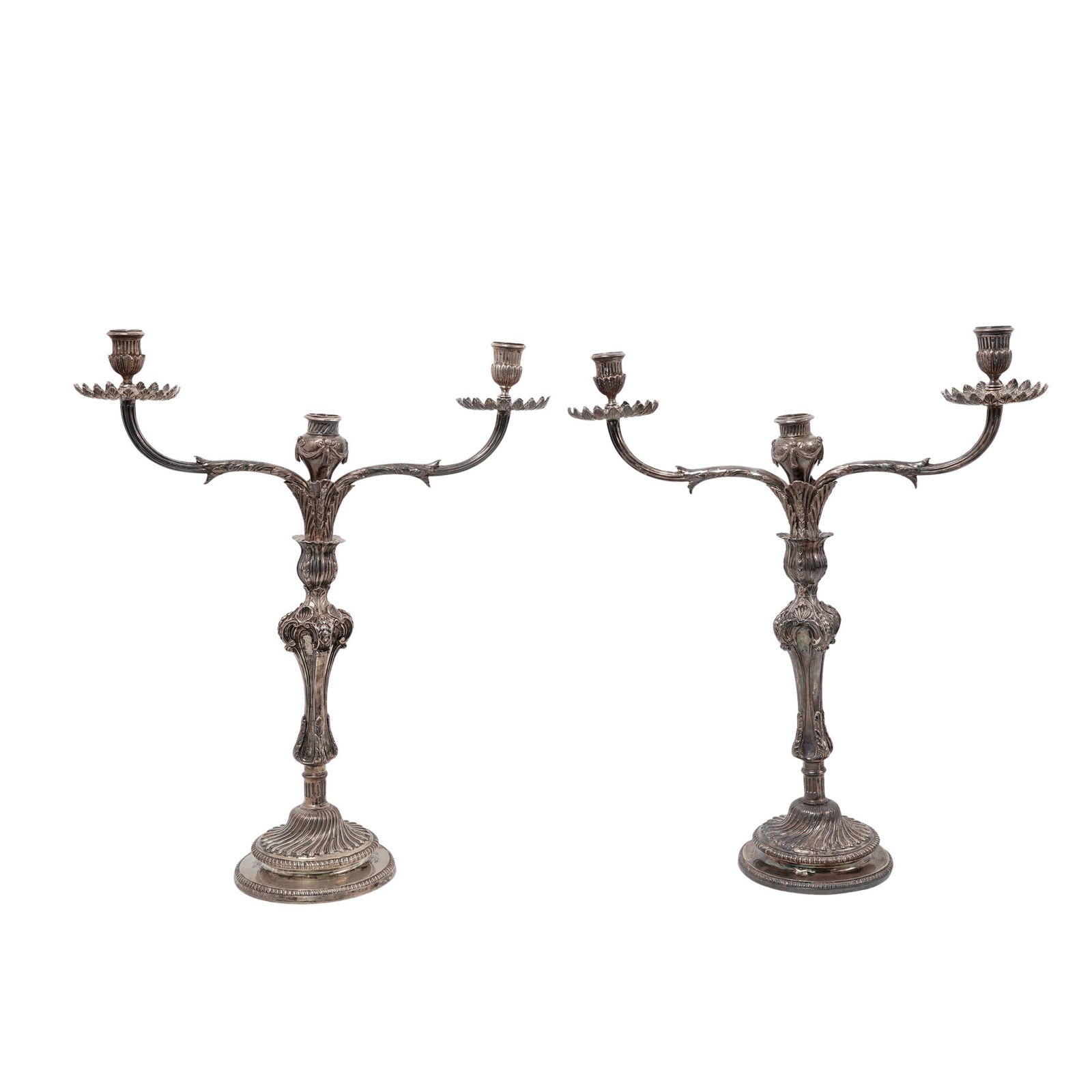 Pair of Antique William Hutton & Sons Sterling Silver Rococo Candelabras: Pair of Antique William Hutton & Sons Sterling Silver Rococo Candelabras19th century, EnglandPair of Antique British Large Sterling Silver Candelabras.It features highly ornate, flowing designs, inclu