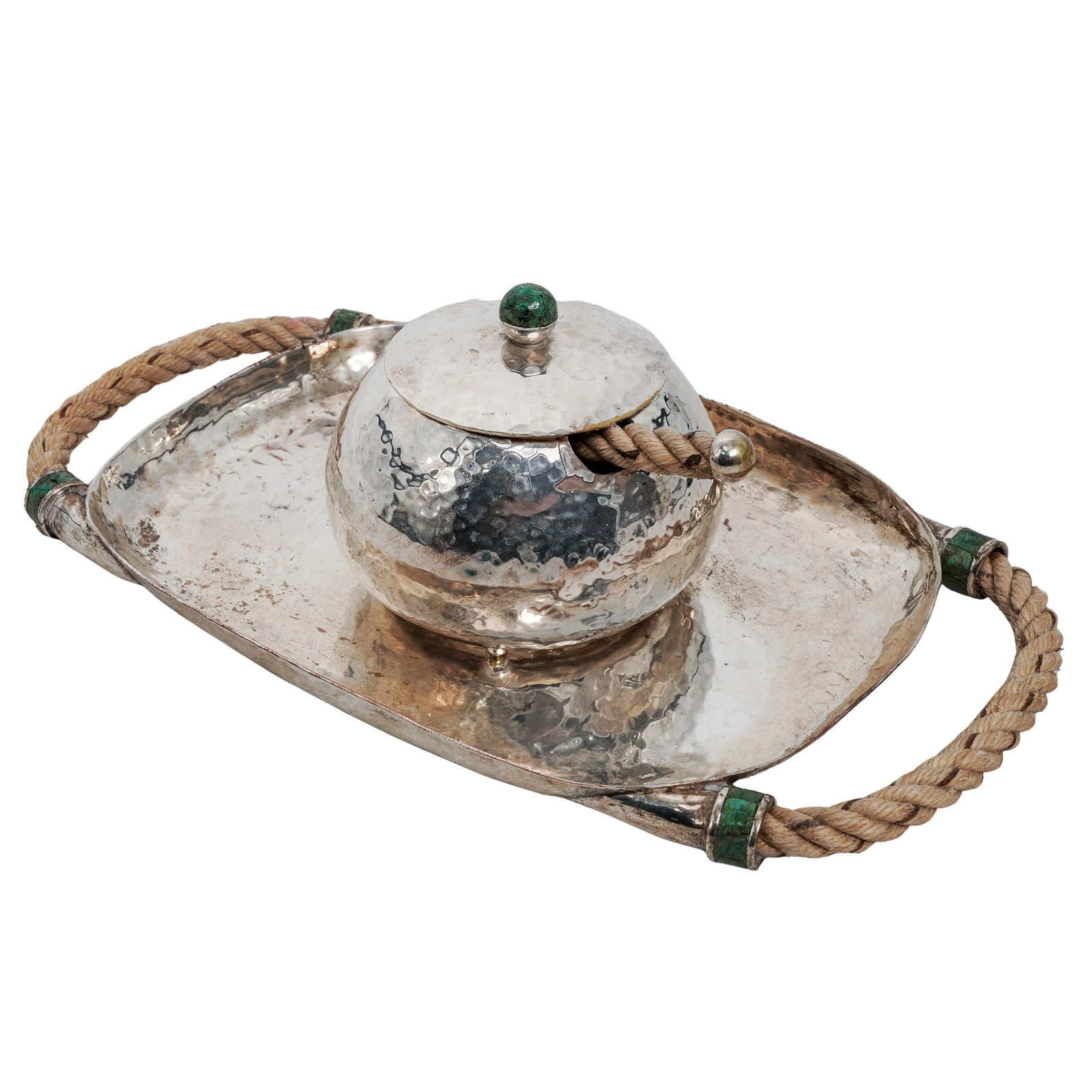 Emilia Castillo Silverplate "Agave" Tray & Sugar Bowl Set: Emilia Castillo Silverplate "Agave" Tray & Sugar Bowl Set 21st c., Mexico Pieces by Emilia Castillo from the Agave Collection crafted with a hammered silver-plated finish. The tray features agave