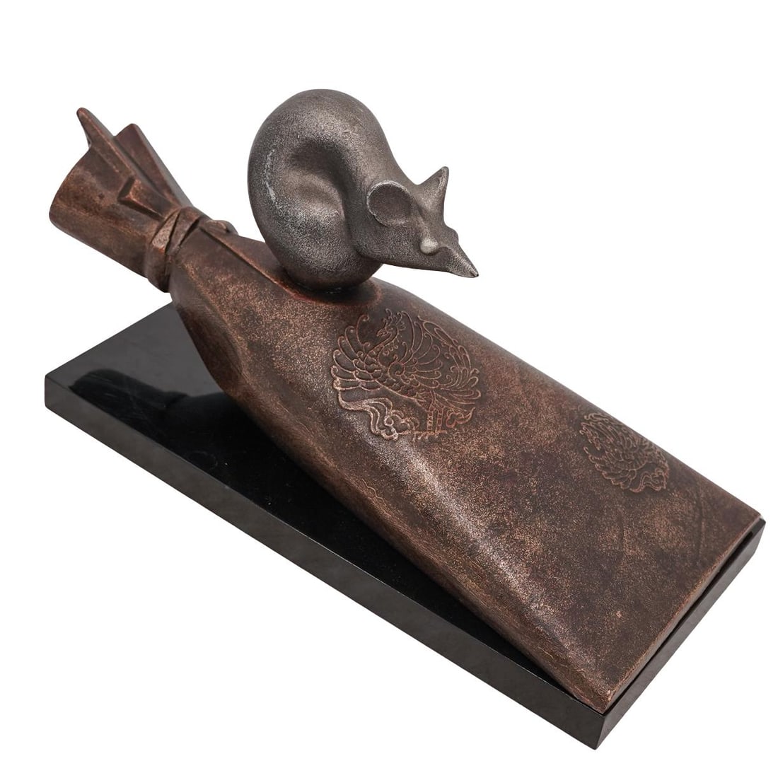 Ebisu Daikokuten Patinated Bronze Rat Sculpture: Ebisu Daikokuten Patinated Bronze Rat Sculpture 20th century, Japan Vintage Japanese patinated bronze sculpture of a rat figure on a money bag, symbolizing Daikokuten, one of the Japanese Seven Lucky