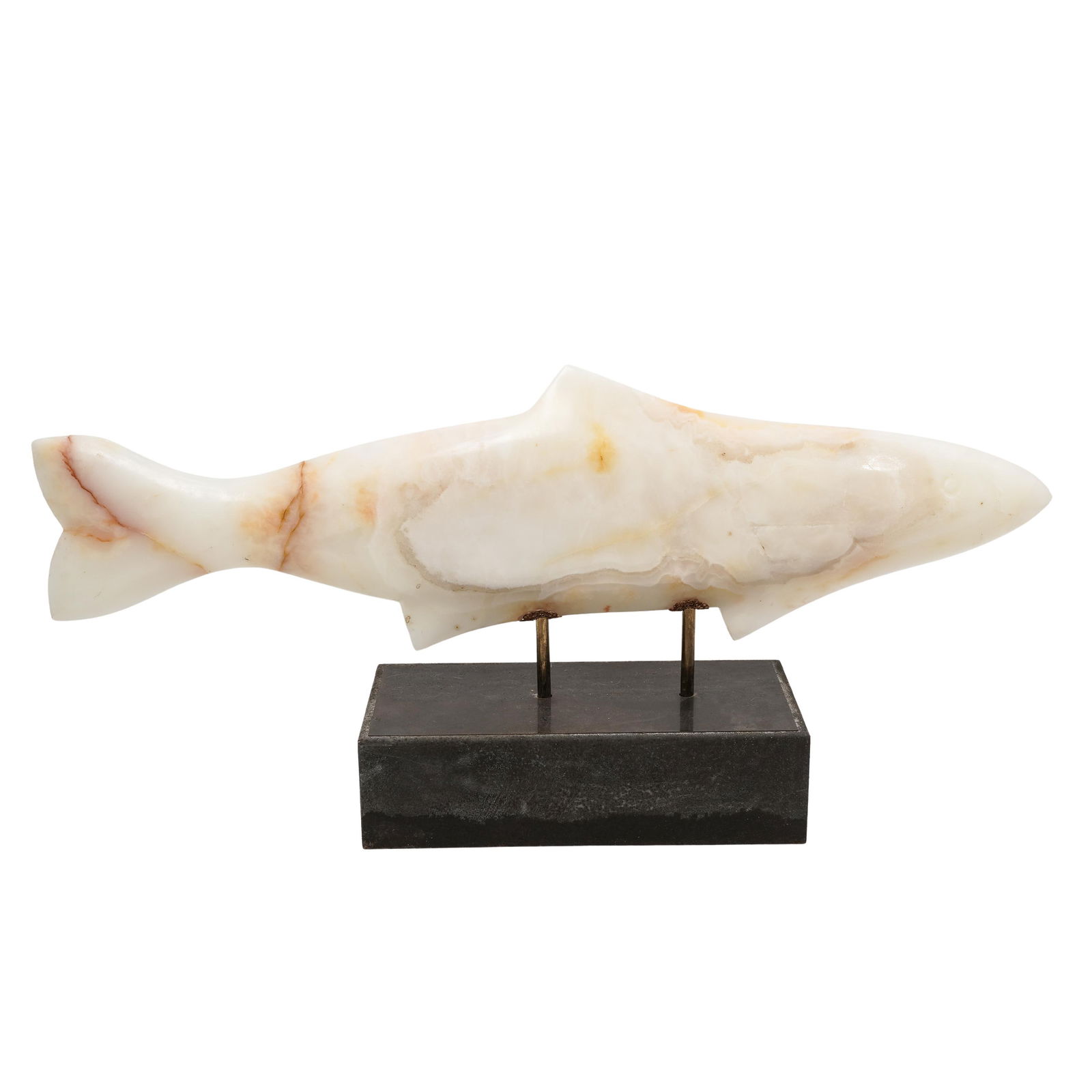 Curtis Jere (1910-2008) Carved Stone Fish Sculpture: Curtis Jere (1910-2008) Carved Stone Fish Sculpture1979.USAStriking carved marbled onyx stone fish sculpture on metal pedestal. Detailed with carved eyes, gills & body. Signed "C. Jere 1979" on right