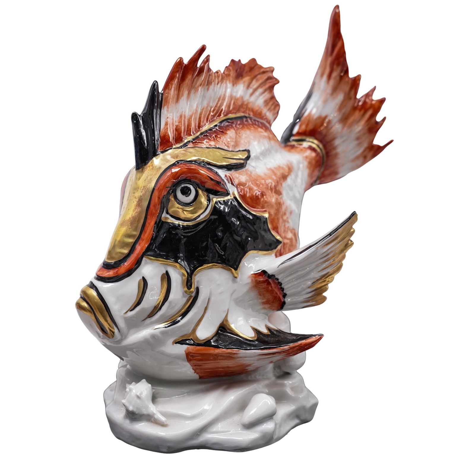 Capodimonte Manifattura Porcellane Artistiche Fish Sculpture: Capodimonte Manifattura Porcellane Artistiche Fish Sculpture20th c., ItalyPorcelain fish sculpture featuring a high-gloss finish with vibrant orange, black, and white coloring, and gilded accents. It