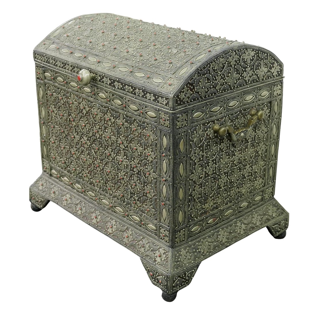 Indian Mughal-Style Mixed Metal Marriage Chest: Indian Mughal-Style Mixed Metal Marriage ChestEarly 20th century, IndianA large vintage Indian Mughal-style marriage or merchant's chest. Silver-plated metal and wood construction with carved decorati