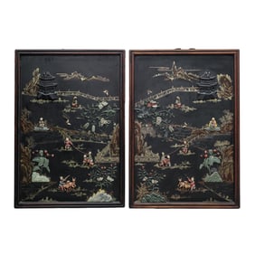 Antique Chinese Carved Bone and Semi Precious Stone Lacquered Panels