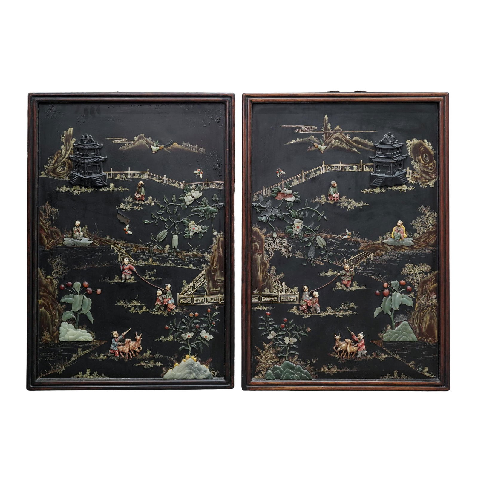 Antique Chinese Carved Bone and Semi Precious Stone Lacquered Panels (1 of 11)