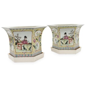 Pair Antique Chinese Famille Jaune Porcelain Planters