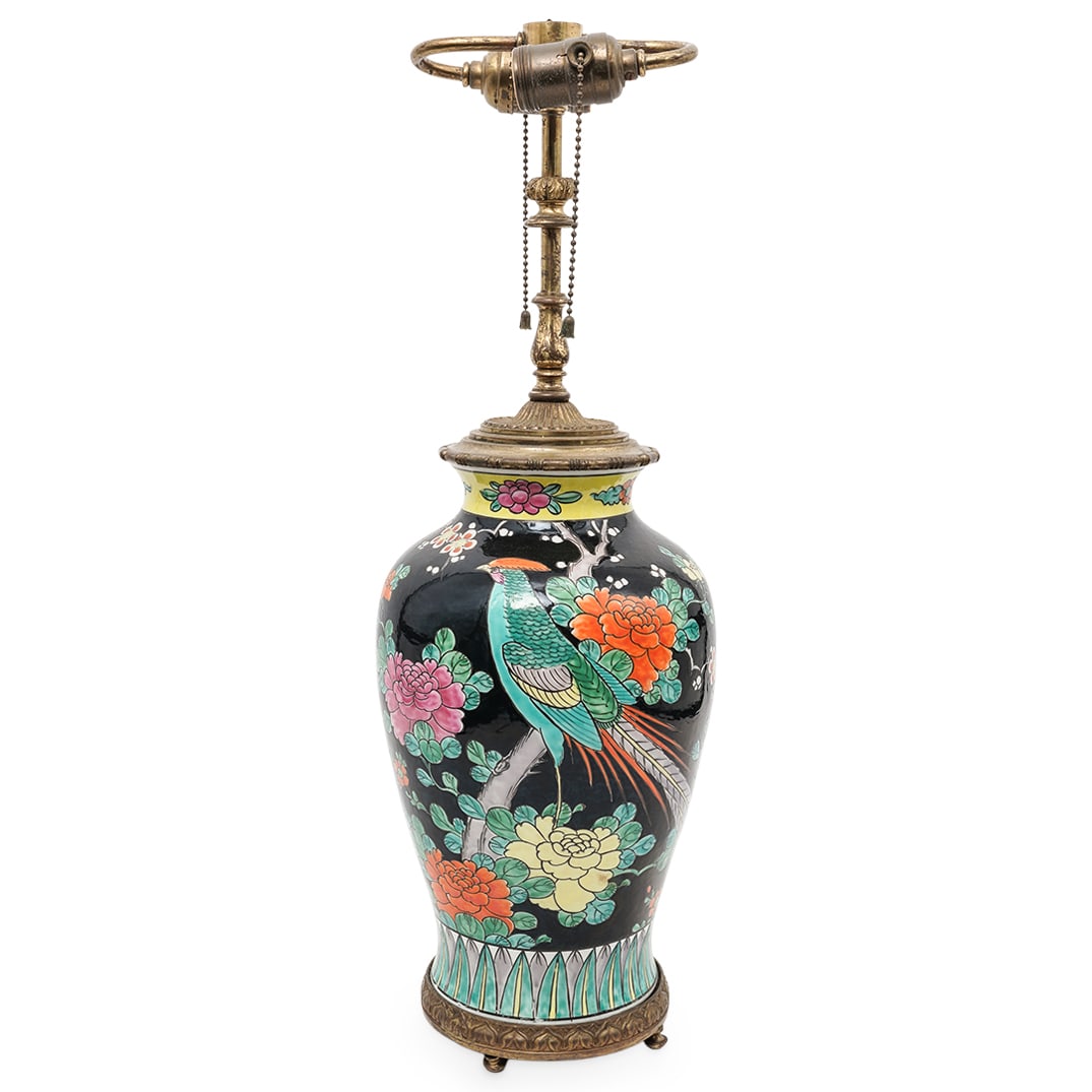 Chinese Famille Nior Porcelain Converted Lamp: Chinese Famille Nior Porcelain Converted LampEarly 20th century, ChinaA Chinese export famille noir porcelain converted urn table lamp with bronze mounts.H 22" Diameter 6.5" Base diameter 5.5"