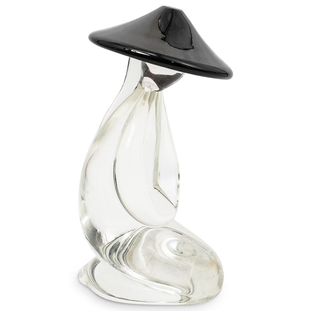 Renato Anatra Murano Orientalist Figurine: Renato Anatra Murano Orientalist Figurine20th century, ItalianRenato Anatra (Italian, b.1943) Murano blown glass orientalist figurine with clear body and black hat accent. Incised signature at the und