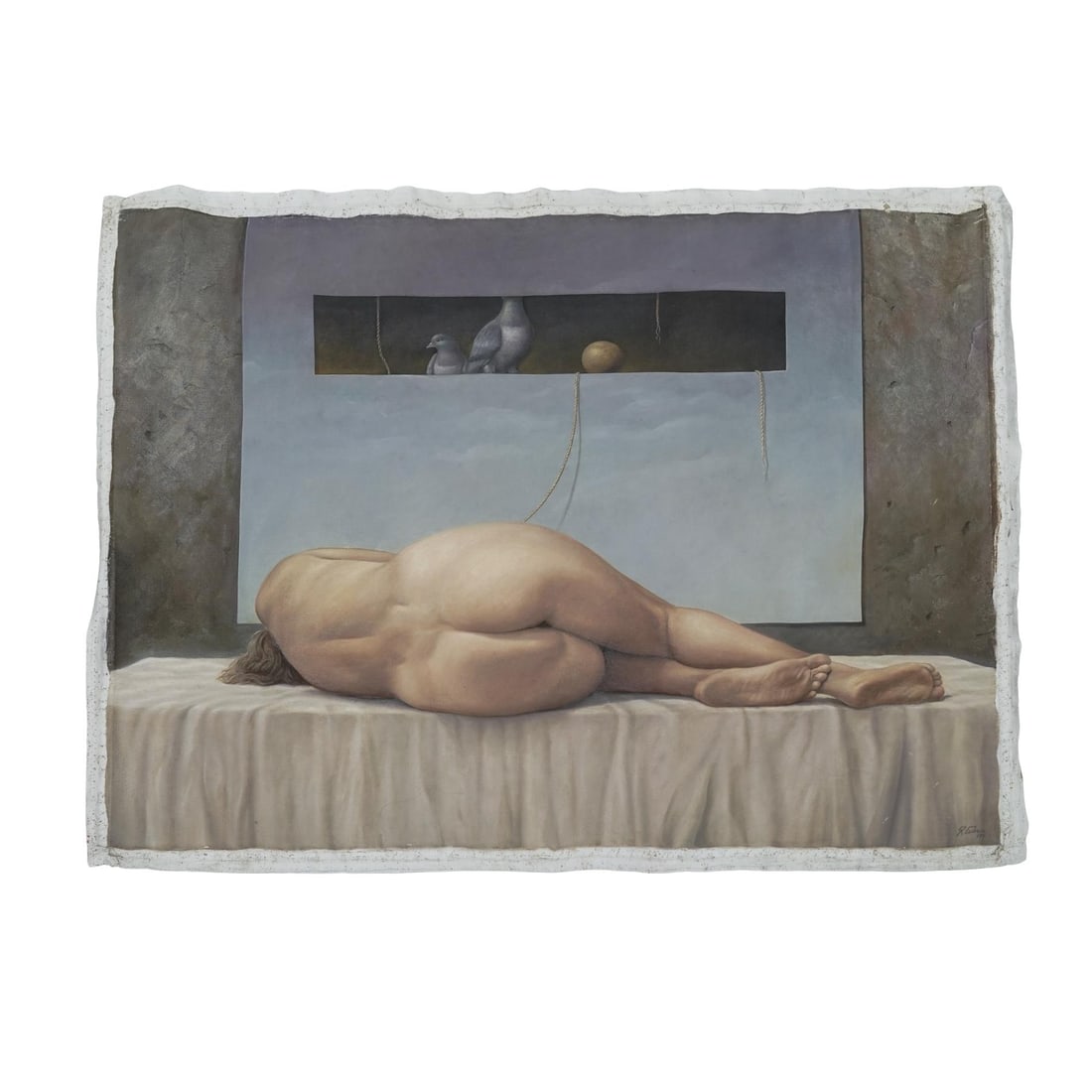 Rolando Cubero "Ella Tiene Su Sueno" Oil on Unstretched Canvas: Rolando Cubero "Ella Tiene Su Sueno" Oil on Unstretched Canvas1991, Costa RicaA nude study titled "Ella Tiene Su Sueno" oil on unstretched canvas by Rolando Cubero. Signed by artist in lower right and