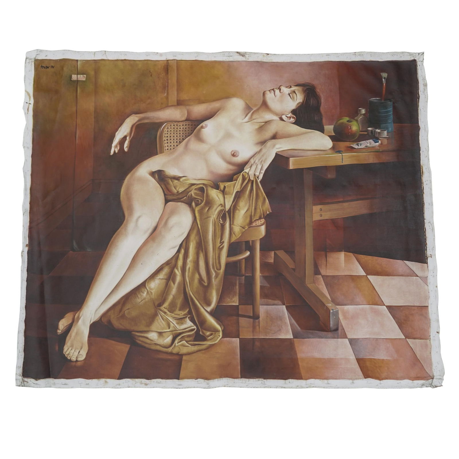 Ivan Tovar (Dominican, 1942-2020) Female Portrait Oil on Canvas: Ivan Tovar (Dominican, 1942-2020) Female Portrait Oil on Canvas1991, DominicanA female nude portrait oil on canvas by artist Ivan Tovar (Dominican, b. 1942 d. 2020). Signed in upper left "Tovar" and d