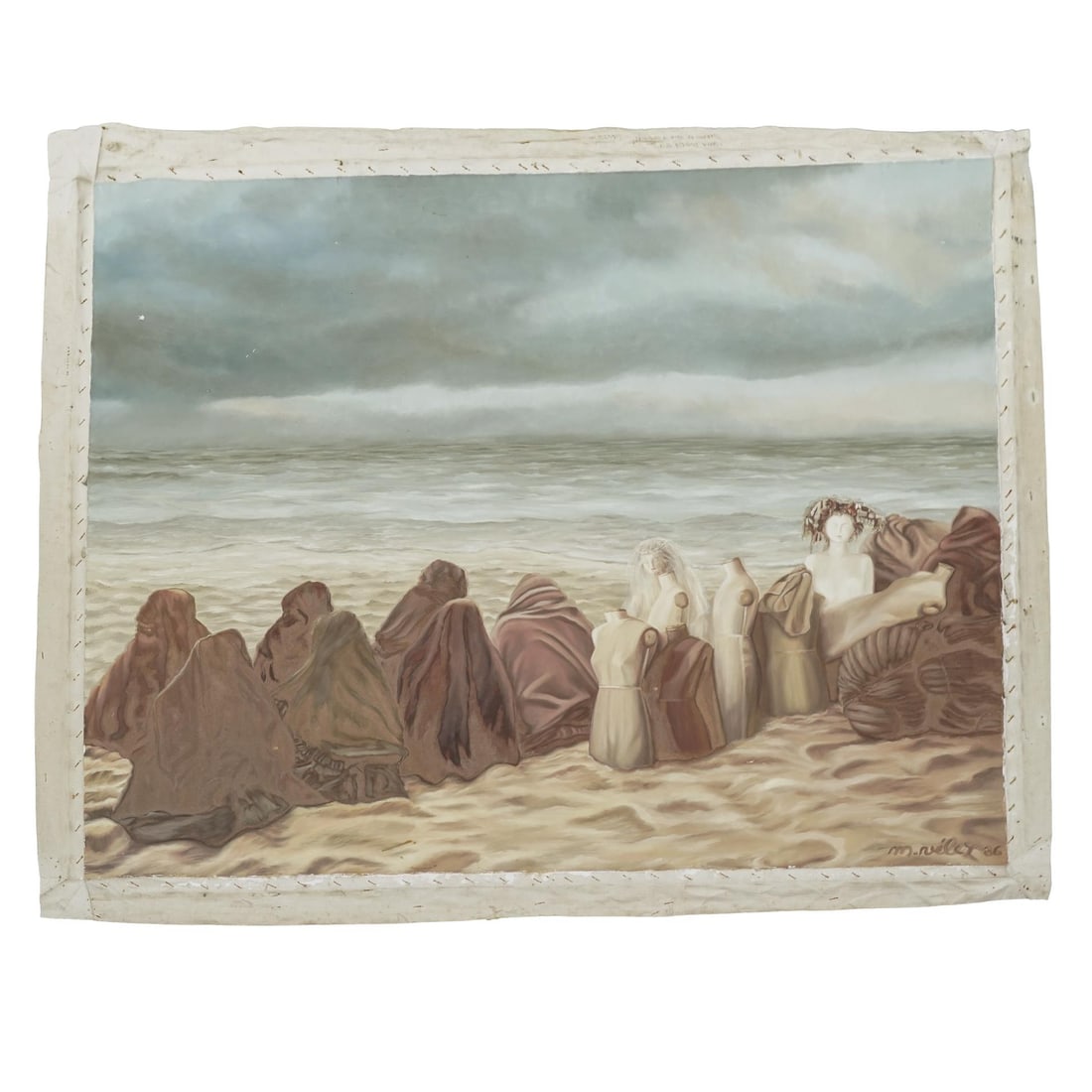 Maria Velez (Columbian, 20th cent.) "Cuerpos de Telh y Corton" Oil on Canvas Painting: Maria Velez (Columbian, 20th cent.) "Cuerpos de Telh y Corton" Oil on Canvas Painting1986, ColumbianMaria Velez (Columbian, 20th century) oil on unstretched canvas titled "Cuerpos de Tela y Corton". T