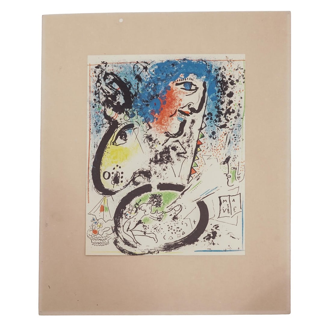 Marc Chagall "Self-Portrait (Frontispiece)" Offset Lithograph: Marc Chagall "Self-Portrait (Frontispiece)" Offset LithographMid 20th c., FrenchLithograph on paper of a surrealist self portrait by Marc Chagall (1887-1985). It is mounted to a tan board.(Image) L: 1