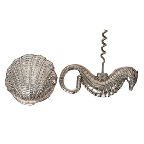 (2 Pc) Buccellati Sterling Shell Dish & Chrome Seahorse Corkscrew