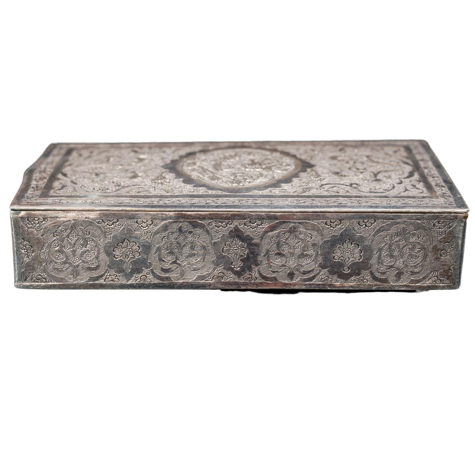 Parvaresh Brothers Persian Sterling Silver Box: Parvaresh Brothers Persian Sterling Silver BoxLate 19th- Early 20th Cent., PersianExquisite Persian silver box, crafted using intricate repoussé and chasing techniques. The entire surface is decorate
