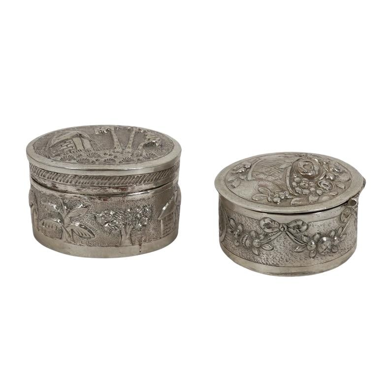 (2 Pc) Antique Repousse Silver Trinket Boxes (1 of 6)