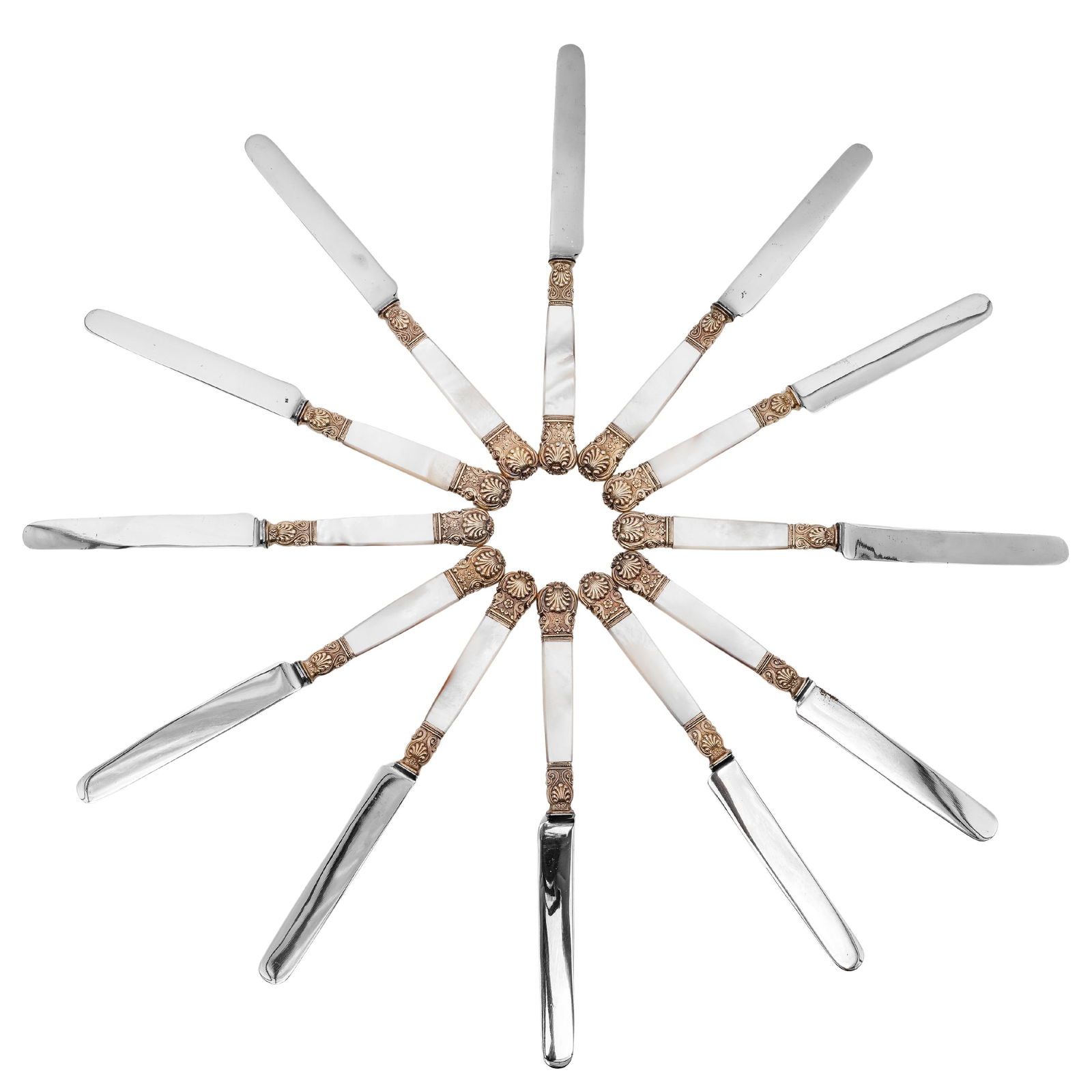 (12 pcs) Antique Cardeilhac Gilt Silver & MOP Stainless Steel Knives: (12 pcs) Antique Cardeilhac Gilt Silver & MOP Stainless Steel Knives circa 1910s-1920s, French A set of twelve antique Maison Cardeilhac fruit knives. Stainless steel blades with mother of pearl