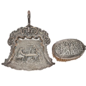 (2 Pc) Antique Silver Repousse Crumb Tray & Clothes Brush
