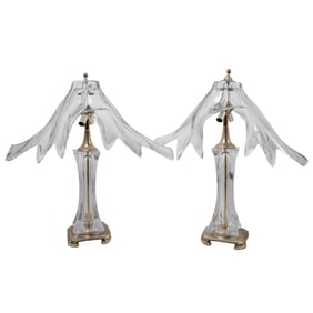 Pair Cofrac Art Verrier Crystal and Brass Table Lamps