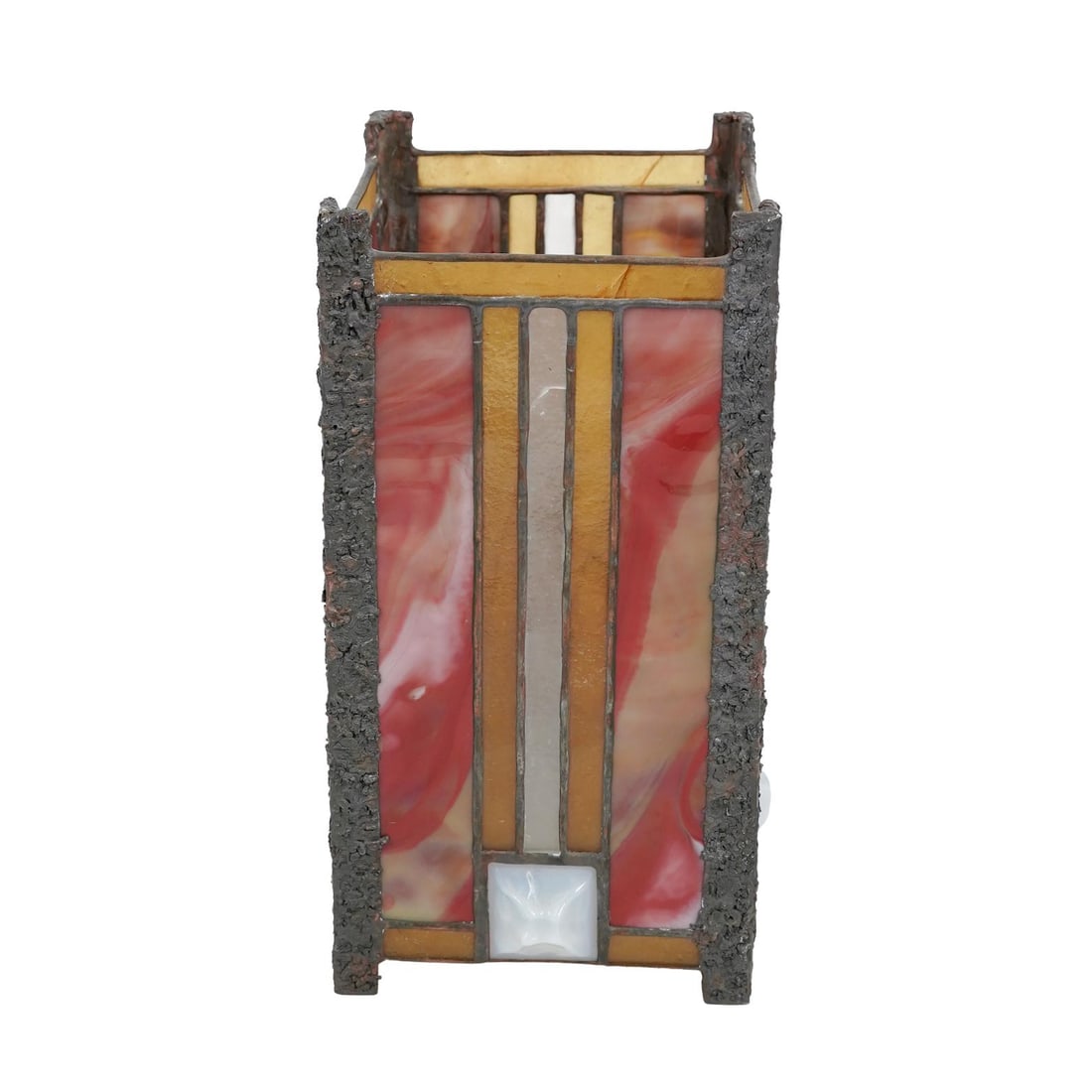 Art Deco Stained Glass Table Lamp: Art Deco Stained Glass Table Lamp Mid to Late 20th c., USA Art Deco style square table lamp featuring horizontal and vertical lines of yellow, white, and swirled red and white stained glass, with