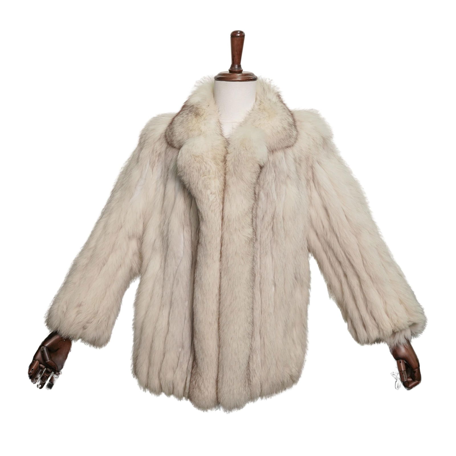 Vintage Fox Fur and Gray Suede Coat: Vintage Fox Fur and Gray Suede Coat20th centuryA vintage white fox fur coat with suede paneling. Lined in gray satin. Tag marked "12" inside right side.L 28" W (shoulders) 17" L (sleeves) 25"