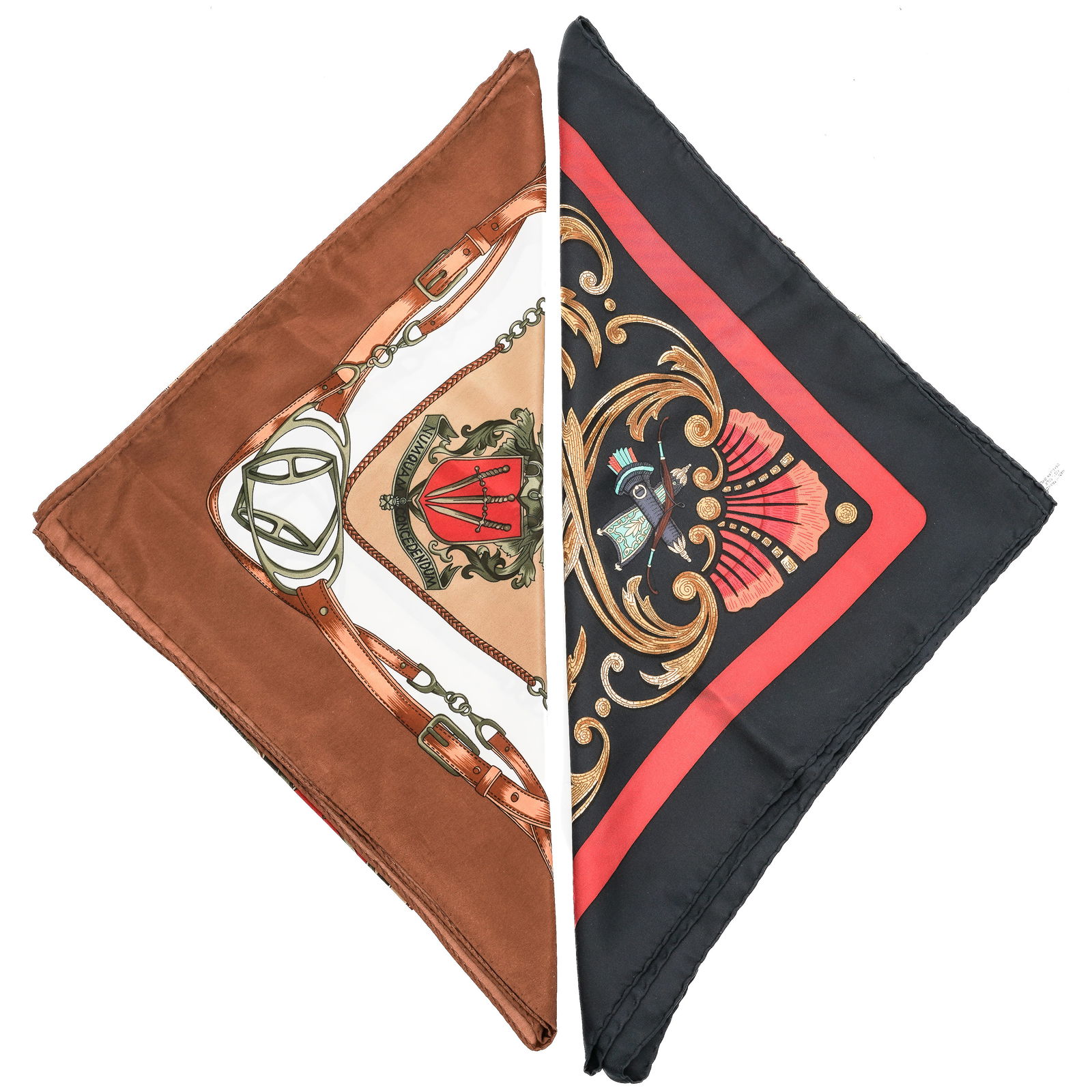 (2pc) Hermes "Dieu et Mon Droit" & "Cheval Turc." Scarves: (2pc) Hermes "Dieu et Mon Droit" & "Cheval Turc." ScarvesMid to late 20th Cent., FranceTwo Hermes Silk Scarves comprising:(1) "Dieu et mon Droit "- Queen Elizabeth II Silver Jubilée" scarf by Franço