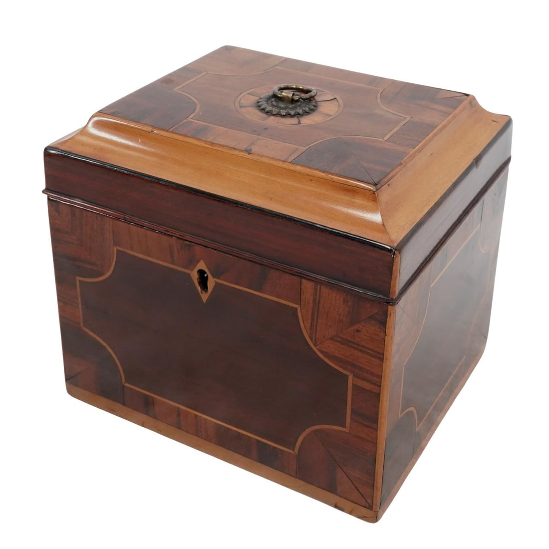 19th Cent. English Wood Inlay Tea Caddy: 19th Cent. English Wood Inlay Tea Caddy19th century, EnglishAntique English Wood Tea Caddy with elaborate Inlays.The box features intricate marquetry work using different types of wood, such as walnut