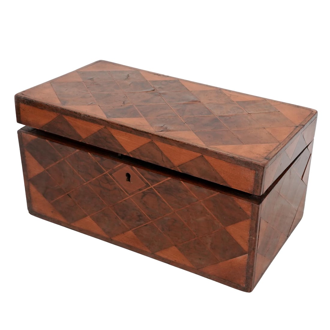 Antique Parquetry-Inlaid Wood Tea Caddy Box: Antique Parquetry-Inlaid Wood Tea Caddy BoxLate 19th-Early 20th c.Antique locking wooden tea caddy with a hinged lid featuring a diamond-pattern parquetry inlay design. The interior has two compartmen
