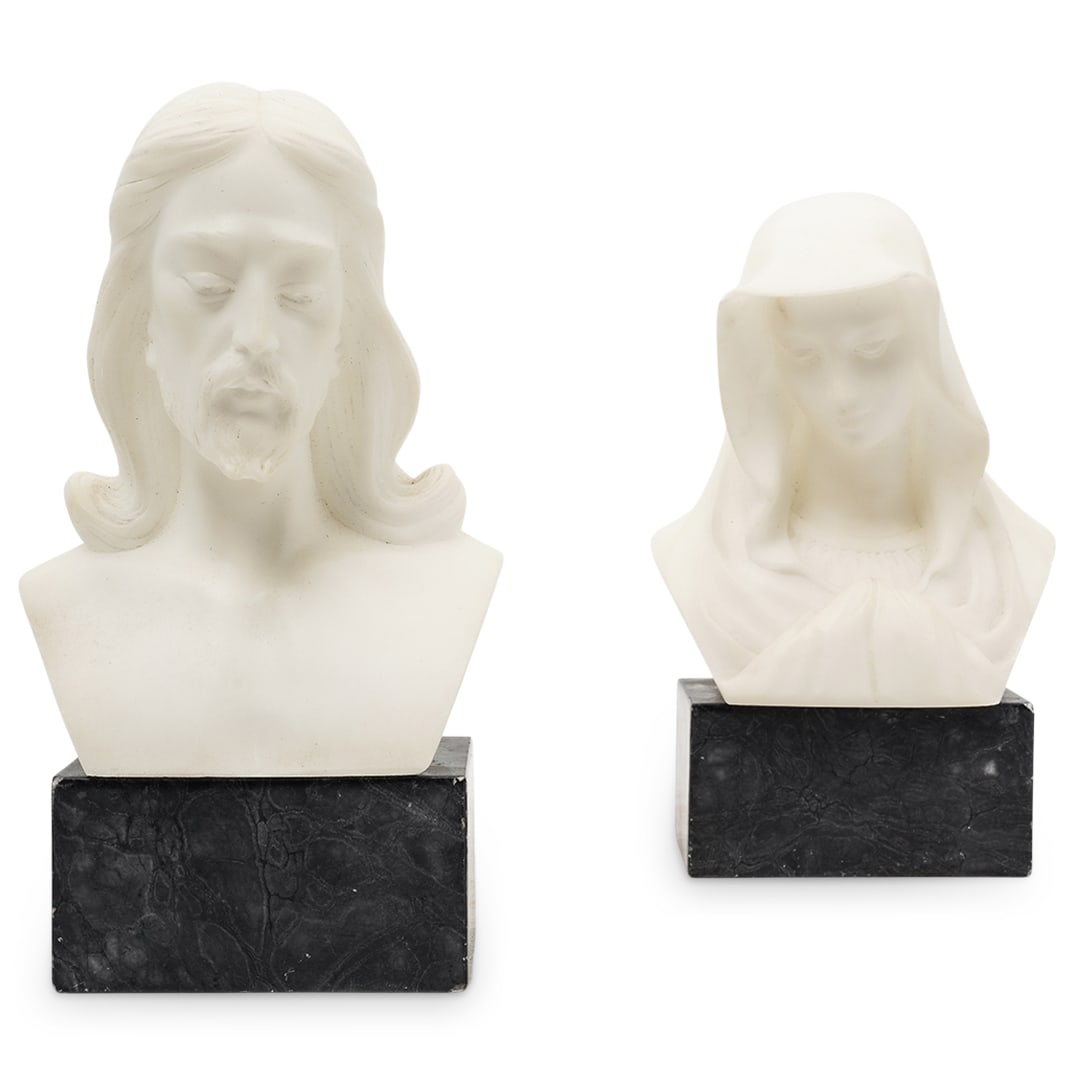 Guiseppe Bessi (Italian, 1857-1922) Alabaster Mary & Jesus Busts: Guiseppe Bessi (Italian, 1857-1922) Alabaster Mary & Jesus BustsLate 19th-early 20th century, ItalianA two piece set of alabaster carved Mary and Jesus busts on stone bases. Each are signed on stone b