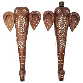 Pair of Indian Carved Wood & Inlaid Bone Elephant Sconces