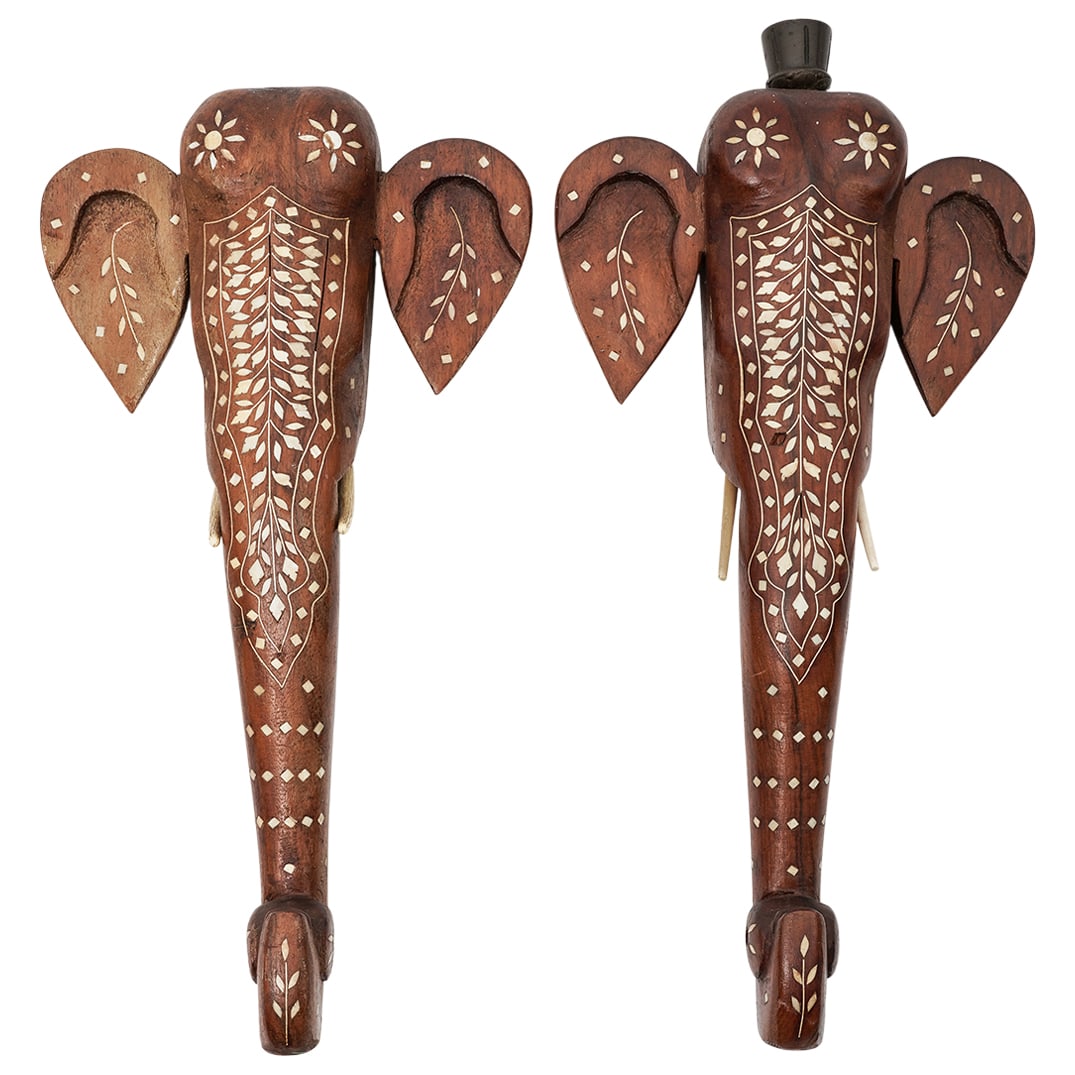 Pair of Indian Carved Wood & Inlaid Bone Elephant Sconces: Pair of Indian Carved Wood & Inlaid Bone Elephant SconcesLate 19th-Early 20th c., IndiaTwo hand-carved wood candle wall sconces featuring ornate decorative bone inlay work.L: 17" W: 8"L: 15.75" W: 8"