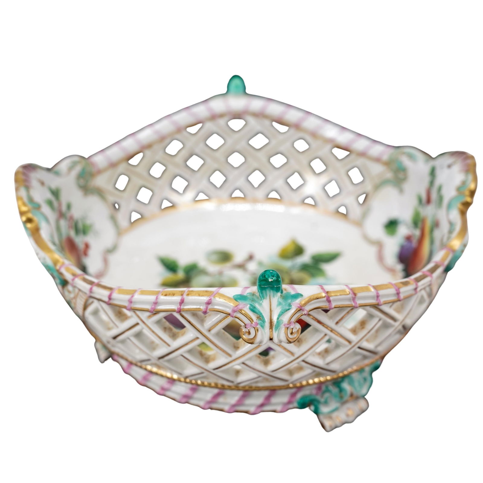 19th Cent. Meissen Porcelain Reticulated Fruit Basket: 19th Cent. Meissen Porcelain Reticulated Fruit Basket 19th c., Germany Porcelain fruit bowl with pierced lattice edges, three clawed feet, hand-painted fruit motifs, and gilded accents. Meissen