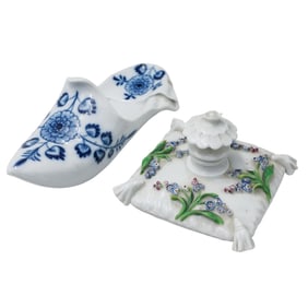 (2 Pc) Meissen Porcelain Pillow Scent Bottle & "Blue onion" Slipper