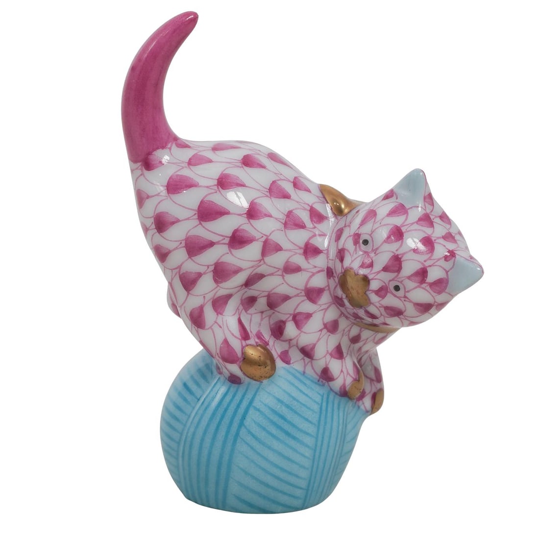 Herend Porcelain "Mischievous Cat On Yarn" Fishnet Figurine (1 of 5)