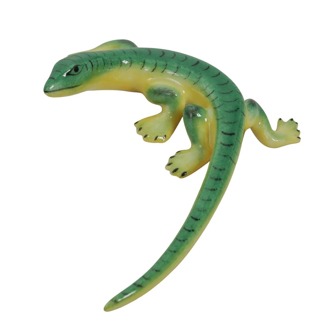 Herend Porcelain Lizard Figurine: Herend Porcelain Lizard Figurine20th c., HungaryRare porcelain lizard figurine hand-painted in green and yellow glaze. It is marked on the underside with the Herend stamp.H: 0.5" W: 2.75" L: 2"