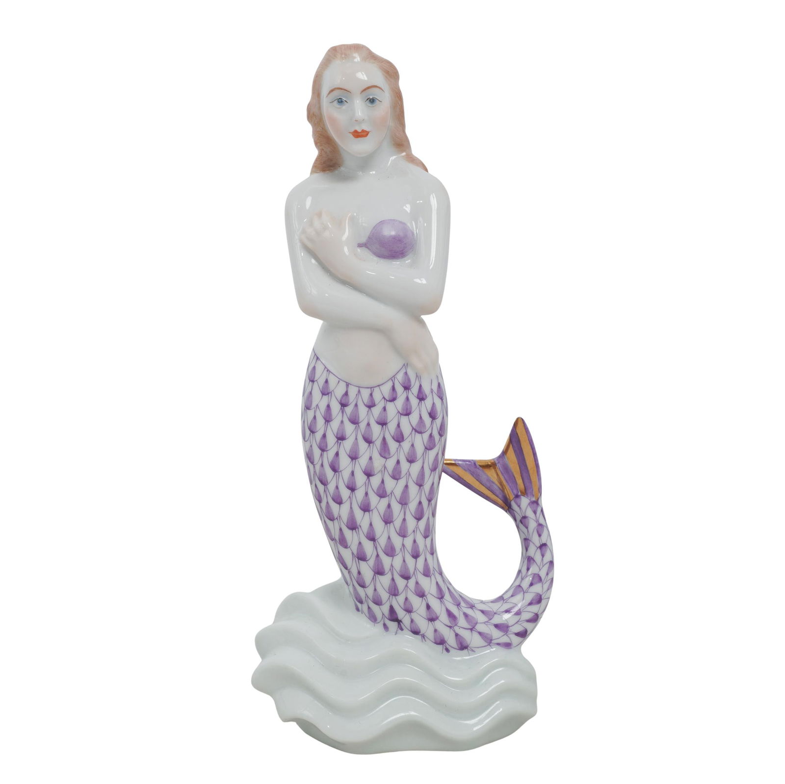Herend Porcelain Mermaid Figurine: Herend Porcelain Mermaid Figurine 20th c., Hungary Porcelain mermaid hand-painted in the signature purple fishnet pattern with 24k gold accents. Model number: 15530. Marked with Herend hallmarks on