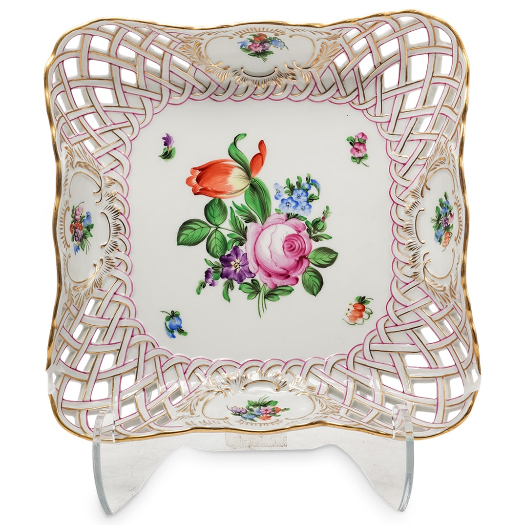Herend Porcelain "Printemps" Openwork Basket: Herend Porcelain "Printemps" Openwork Basket Mid to Late 20th c., Hungary Square porcelain dish with reticulated basketweave sides, featuring hand-painted multicolored floral designs with pink and