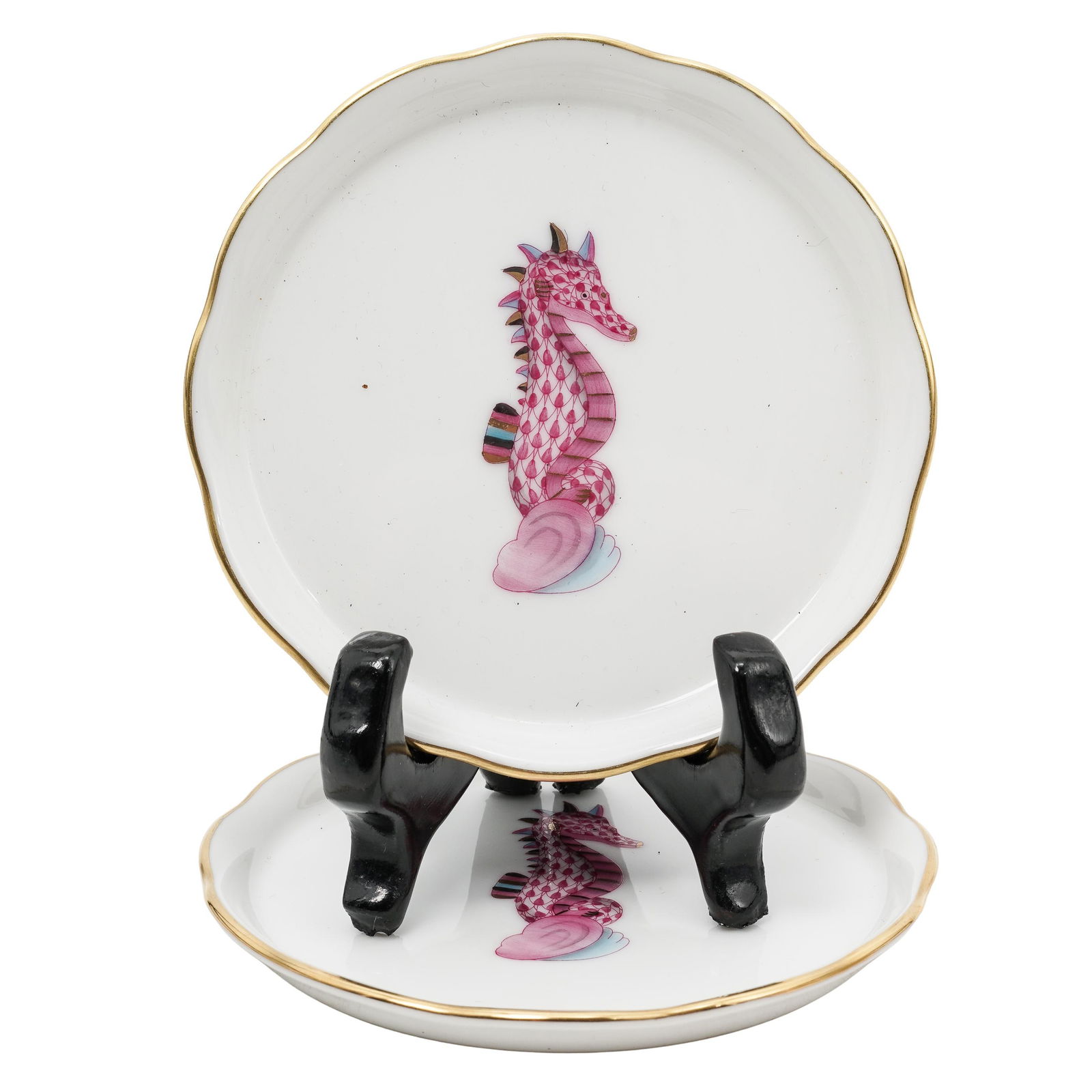 Pair of Herend "Aquatic" Raspberry Porcelain Dishes: Pair of Herend "Aquatic" Raspberry Porcelain Dishes 21st Cent., Hungarian Pair of Herend porcelain dishes from the Aquatic series, each with scalloped rims and gilt edges, decorated with a hand