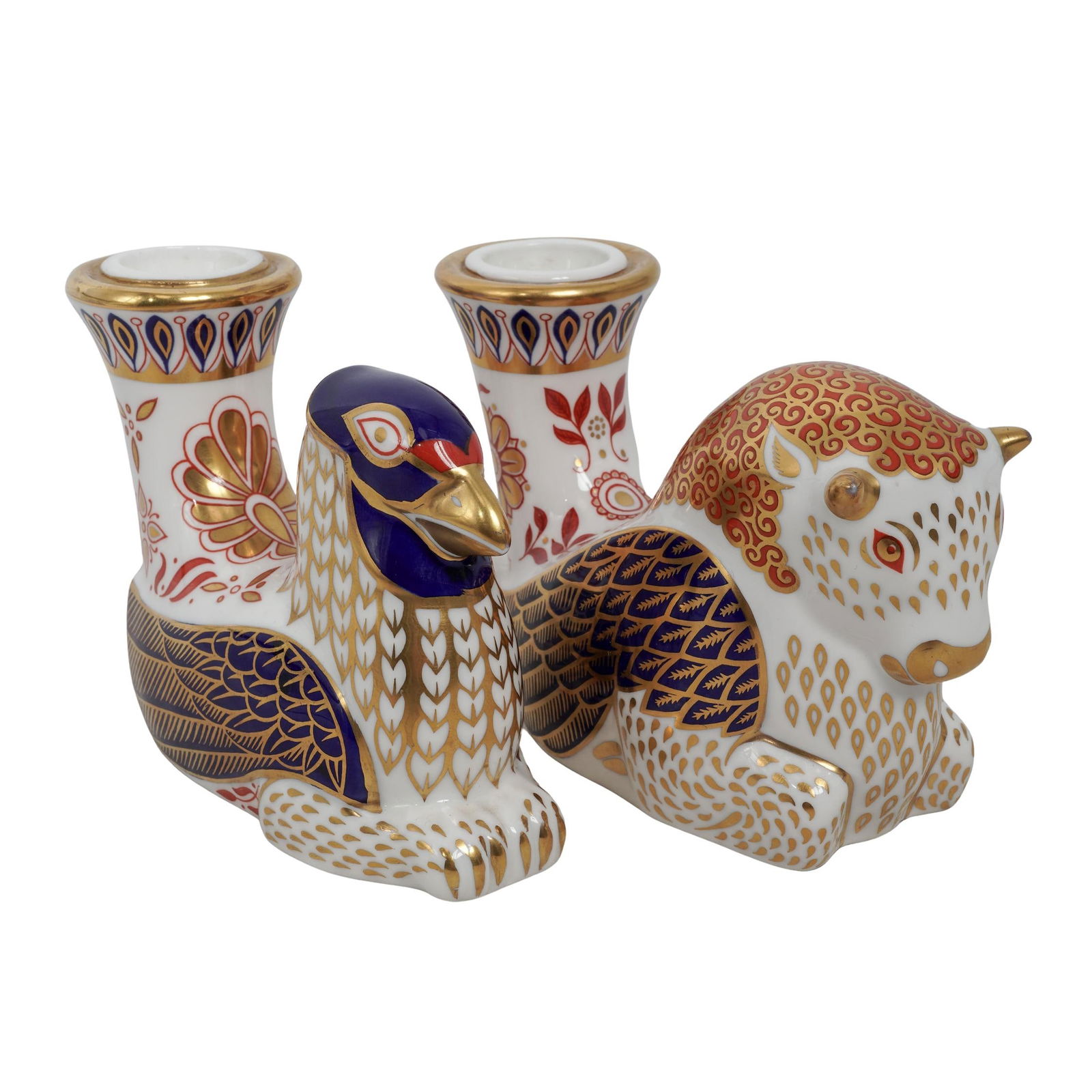 (2 Pc) Royal Crown Derby Porcelain Bull & Griffin Candle Holders: (2 Pc) Royal Crown Derby Porcelain Bull & Griffin Candle Holders20th c., EnglandTwo Royal Crown Derby bone china candle holders from the Mythical Beasts collection. They are decorated with intricate I