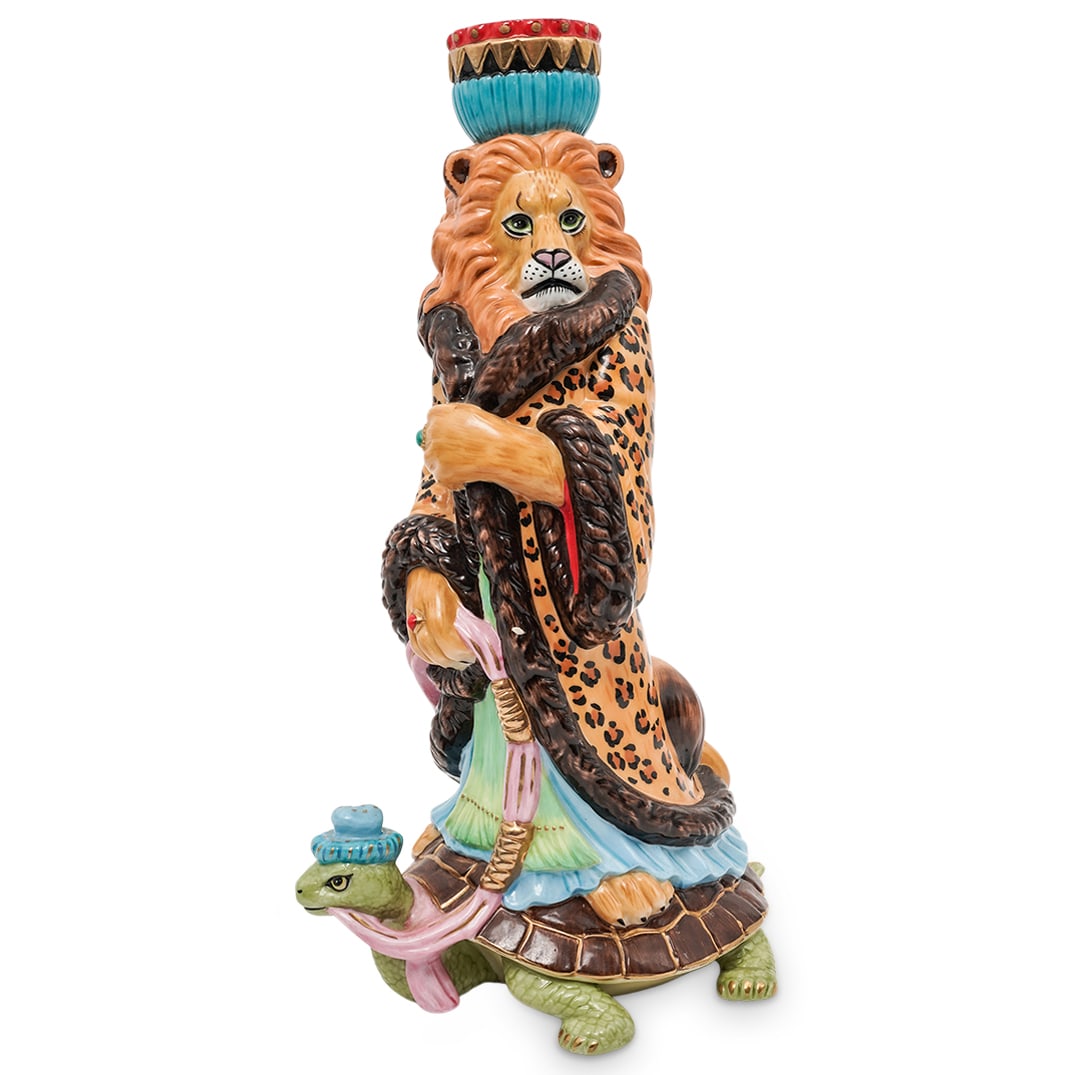 Lynn Chase Porcelain Lion King Candlestick: Lynn Chase Porcelain Lion King Candlestick1998, AmericanA vintage Lynn Chase porcelain "Lion King" candlestick. Marked on bottom with Lynn Chase hallmarks and dated 1998.H 12" L 7" W 5"