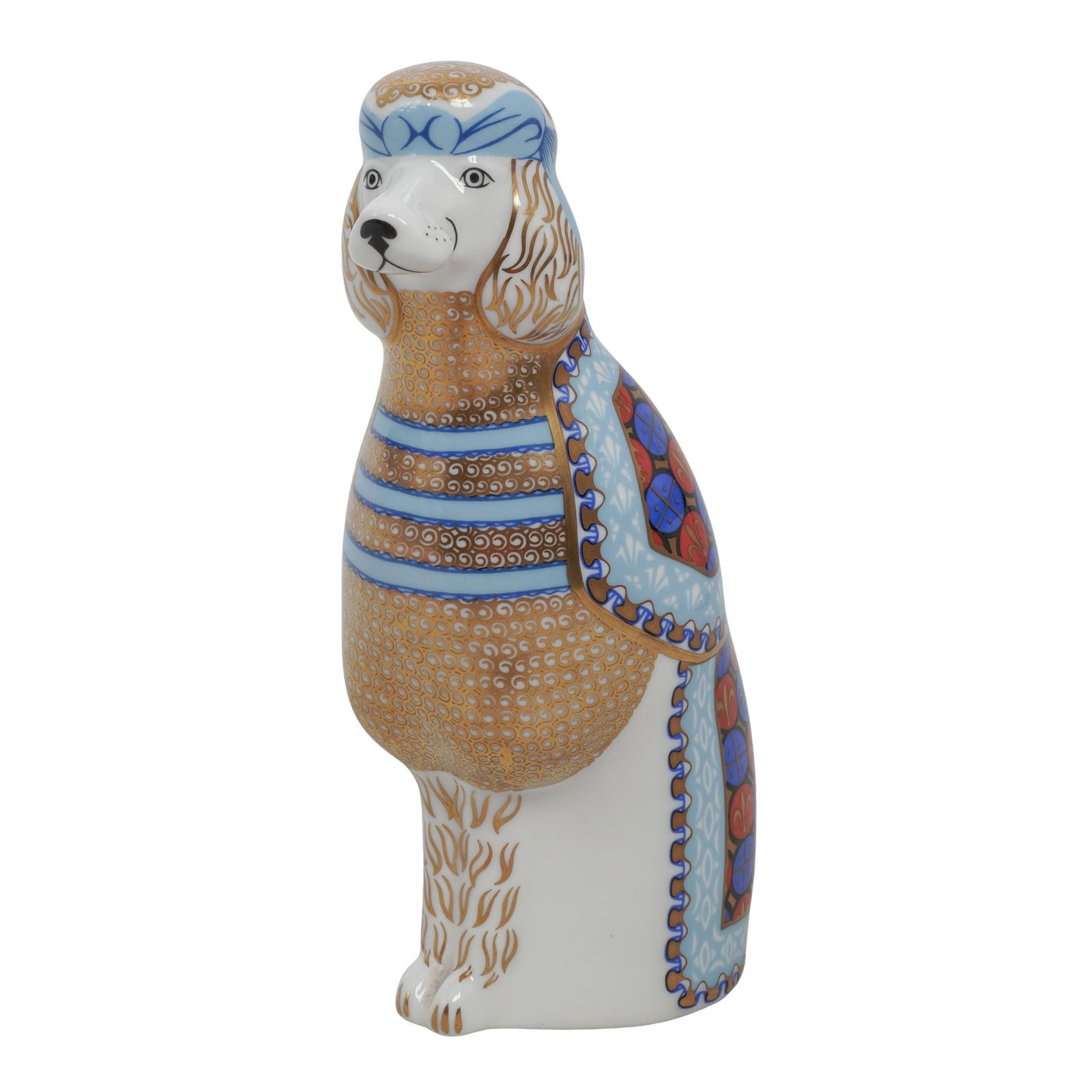 Royal Crown Derby Porcelain French Poodle Figurine: Royal Crown Derby Porcelain French Poodle Figurine1989, EnglandRoyal Crown Derby bone china figurine of a French Poodle from the National Dogs series. It features intricate hand-applied Imari-style pa