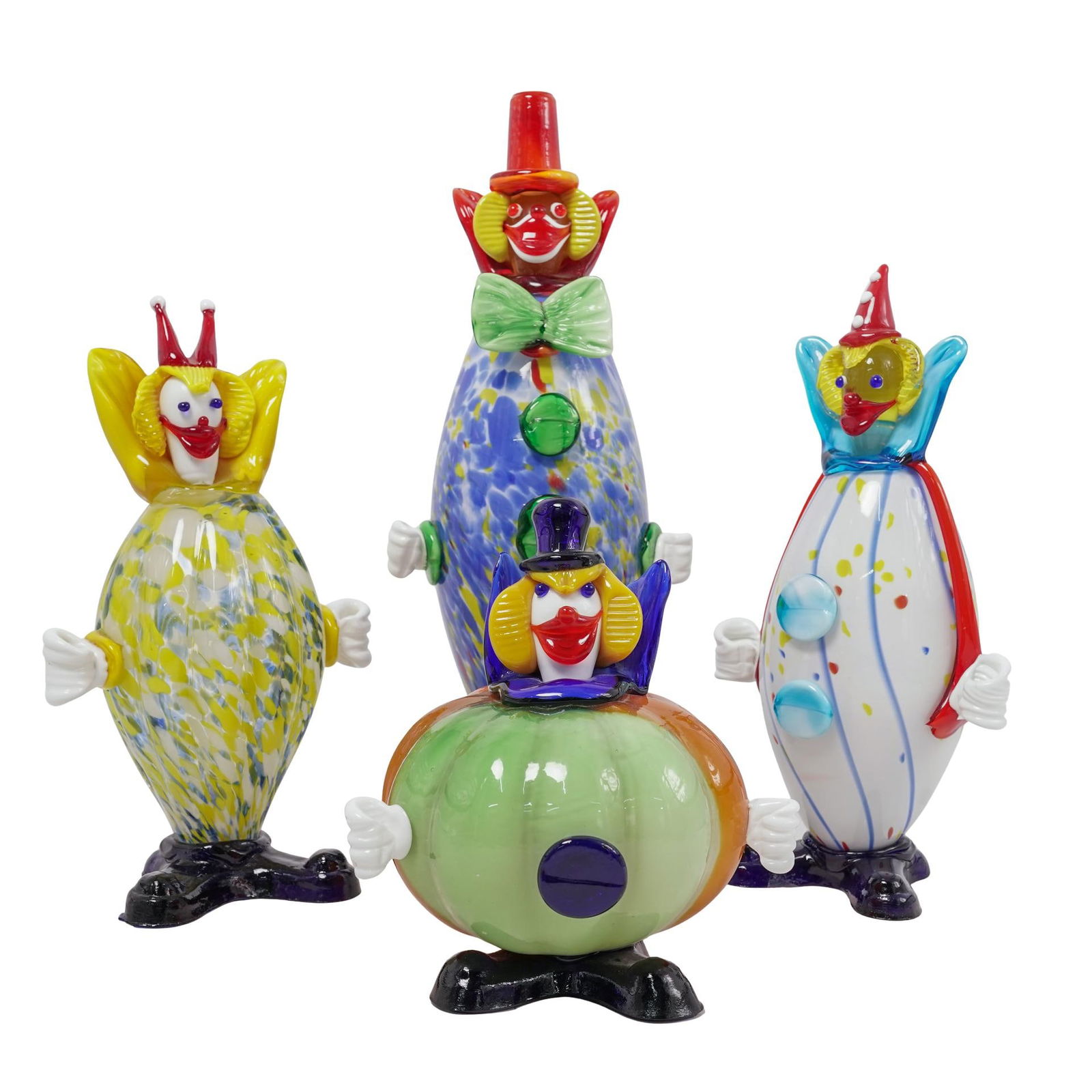 (4 Pcs) Murano Art Glass Clown Figurines: (4 Pcs) Murano Art Glass Clown Figurines20th Century, ItalianThis lot includes four Murano Art Glass Clown figurines featuring vibrant colors and intricate details.Largest: H 14 " L 6" W 4.5" / Smalle