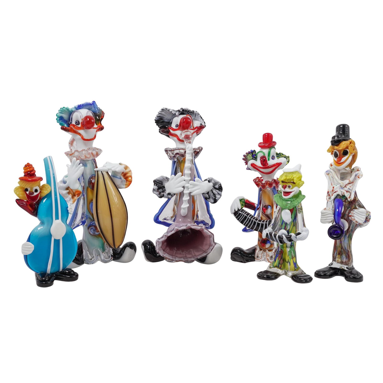 (6 Pcs) Murano Art Glass Musician Clown Figurines: (6 Pcs) Murano Art Glass Musician Clown Figurines20th Century, ItalianLot includes six Large Murano Art Glass Musician Clown figurines. The figurines form a band and feature vibrant colors and intrica