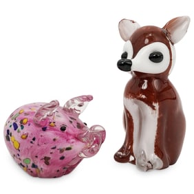 (2 Pc) Art Glass Fox & Pig Paperweight Figurines